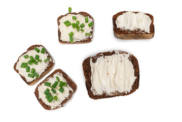 Brown bread and cheese isolated on white background.