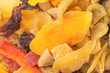 Mix of dried exotic fruit, mangos,slices of pineapples, passion fruit, papaya.