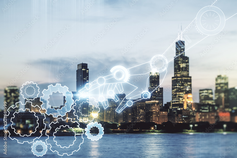 Aufkleber abstract virtual robotics technology hologram on chicago skyline background. robot development and a