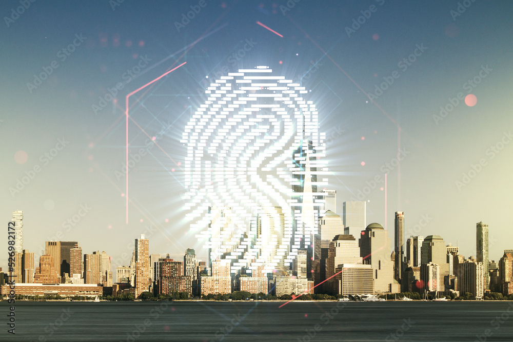 Aufkleber Multi exposure of virtual fingerprint scan interface on Manhattan office buildings background, digital access concept