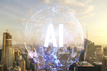 Creative artificial Intelligence symbol hologram on New York cityscape background. Double exposure