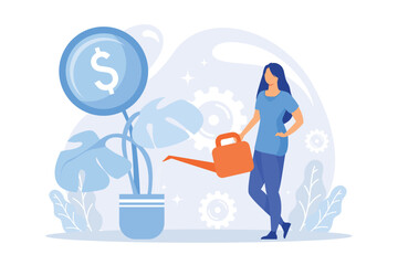 Profit growth, fundraiser. Businesswoman watering money tree. Income increase, growing income, economic literacy idea creative design element.