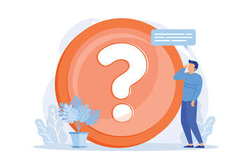 Website FAQ section. User helpdesk, customer support, frequently asked questions. Problem solution, quiz game Confused man cartoon character. - obrazy, fototapety, plakaty