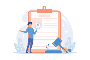 Legal statement. Court notice, judge decision, judicial system. Lawyer, attorney studying papers cartoon character. Mortgage debt, legislation.