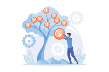 Deposit withdrawal. Bank client, taking loan. Money lending, return on investment, salary payment. Banker, depositor plucking coins from tree. flat vector modern illustration