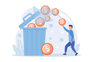 Man overspending, throwing coins in dustbin. Money waste, unprofitable investment, bad finances management. Financial bankruptcy, guy losing savings. flat vector modern illustration - obrazy, fototapety, plakaty
