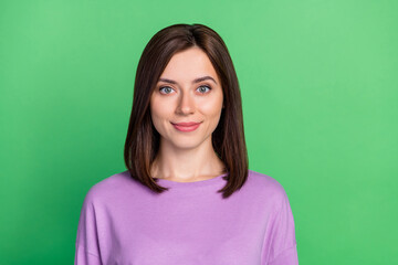 Fototapeta premium Closeup photo of young beautiful cute woman wear purple t-shirt confident expert worker isolated on green color background