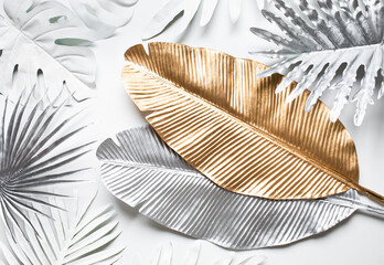 Collection of tropical leaves,foliage in elegance style with golden,silver color.Abstract leaf decoration design