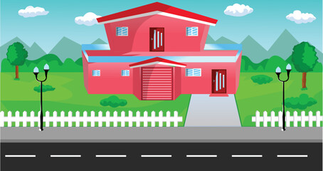 Residential two storey flat house vector illustration. Facade of a country building with a lawn and trees. Countryside building exterior with garage. Suburban home. Cartoon Style vector illustration.