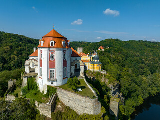 Fototapeta na wymiar Czechia. Vranov nad Dyji Aerial View. Baroque castle and city in Moravian region in Czech Republic. Dyje river. Vranov nad Dyjí Chateau. Czechia.