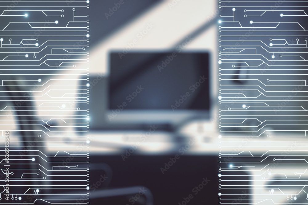 Poster creative abstract micro chip hologram and modern desktop with pc on background, artificial intellige