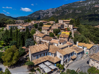 Fototapeta na wymiar aerial view from the top of the hill, Orient village, Bunyola, Majorca, Balearic Islands, Spain