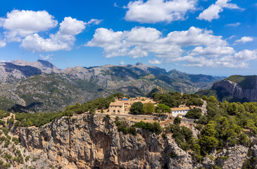 Obraz premium Alaró Castle , aerial view of the hermitage and the Hospice, Majorca, Balearic Islands, Spain