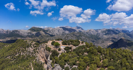 Alaró Castle , aerial view of the hermitage and the Hospice, Majorca, Balearic Islands, Spain