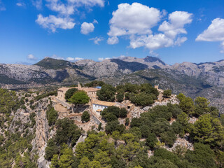 Fototapeta na wymiar Alaró Castle , aerial view of the hermitage and the Hospice, Majorca, Balearic Islands, Spain
