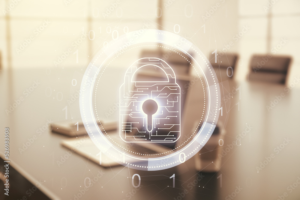 Poster creative light lock illustration with microcircuit on modern computer background, cyber security con