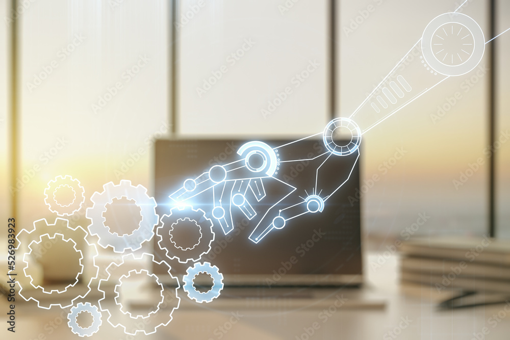 Aufkleber double exposure of robotics technology hologram on laptop background. research and development softw