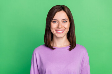 Fototapeta premium Closeup photo of young gorgeous lady wear purple t-shirt smiling work manager happy isolated on green color background