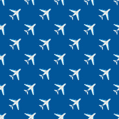 Seamless pattern with plane silhouettes on blue background. Air travel. Air traffic silhouette. Web site page and mobile app design element. Adventure time concept. Hand draw style art.