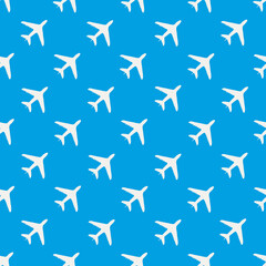 Seamless pattern with plane silhouettes on blue background. Air travel. Air traffic silhouette. Web site page and mobile app design element. Adventure time concept. Hand draw style art.