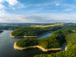 Czechia, Vltava River Aerial View. Czech Republic. Beautiful Summer Green Landscape with Orlík Water Reservoir and Boats. View from Above.  - obrazy, fototapety, plakaty
