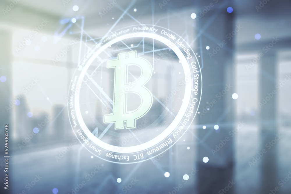 Poster Double exposure of creative Bitcoin symbol hologram on empty room interior background. Mining and blockchain concept