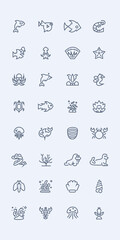 Set of sea life icons. Line art style icons bundle. Vector illustration. Included the icons as marine fish, sea fish, shark, seahorse, stingray, mackerel, shell, tuna and more.
