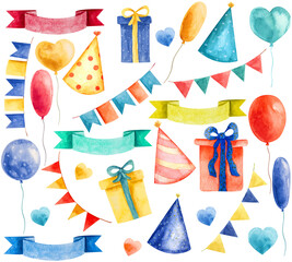 Birthday party set, Kids birthday invitation, balloon, flag, garland, banner, hat, hearts, decoration, illustration set