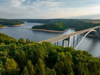 The Zdakov Bridge Steel Arch Bridge that spans the Vltava River,Czech Republic. Aerial View. Czechia, Europe.