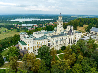 Fototapeta na wymiar Aerial View of Neo-Gothic Castle Hluboká nad Vltavou, Czechia, Europe. 