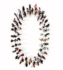 Concept or conceptual large community of people forming the font 0.  3d illustration metaphor for unity and diversity, humanitarian, teamwork, cooperation, education, friendship and community