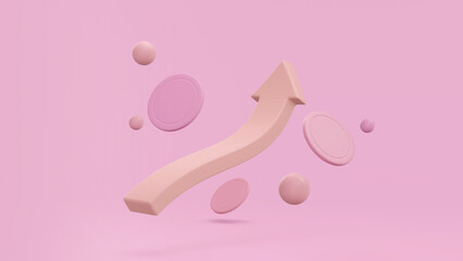 Concept 3d growth stock chart with coins investing icon, Uptrend stock market graph. 3d rendering on the pink background