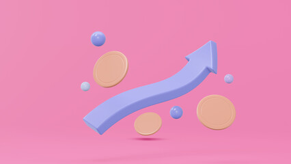 Concept 3d growth stock chart with coins investing icon, Uptrend stock market graph. 3d rendering on the pink background