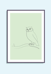 Owl on a tree branch one line drawing wall art canvas poster line illustration