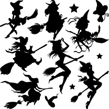 Collection of halloween silhouettes  character., witch for halloween decorations, silhouettes, sketch, sticker. Hand drawn vector illustration - Vector
