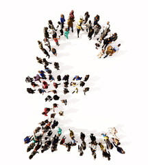 Concept or conceptual large community of people forming the £ font. 3d illustration metaphor for unity and diversity, humanitarian, teamwork, cooperation, education, friendship and community
