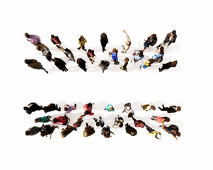 Concept or conceptual large community of people forming the = font. 3d illustration metaphor for unity and diversity, humanitarian, teamwork, cooperation, education, friendship and community