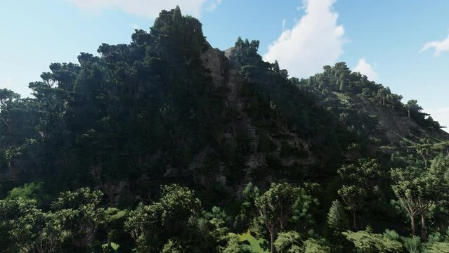 Sunny mountain cliff with forest against a blue sky, low angle view, 4K