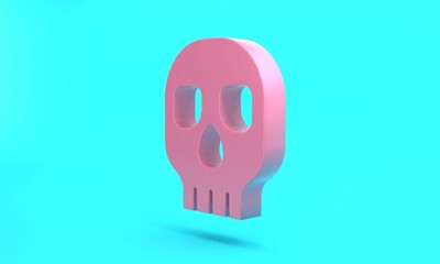 Pink Skull icon isolated on turquoise blue background. Happy Halloween party. Minimalism concept. 3D render illustration