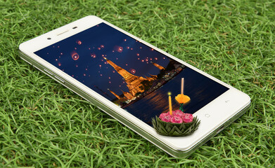 Loy Krathong Festival celebrated at chao phraya river in phone.