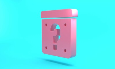Pink Mystery box or random loot box for games icon isolated on turquoise blue background. Question mark. Unknown surprise box. Minimalism concept. 3D render illustration