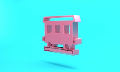 Pink Passenger train cars icon isolated on turquoise blue background. Railway carriage. Minimalism concept. 3D render illustration