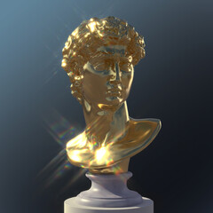 Abstract concept illustration of shiny golden male classical bust with sunlight flares over a white pedestal from 3d rendering on dark grey background.