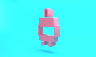 Pink Suitcase for travel icon isolated on turquoise blue background. Traveling baggage sign. Travel luggage icon. Minimalism concept. 3D render illustration