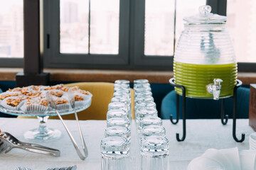 Snack during lecture. Buffet. Sweets and juice.