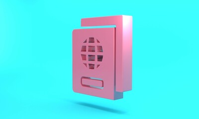 Pink Passport with biometric data icon isolated on turquoise blue background. Identification document. Minimalism concept. 3D render illustration