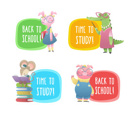Cute school label with animals. Back to school and time to learn bages with schoolkids and teacher. Vector illustration in cartoon style