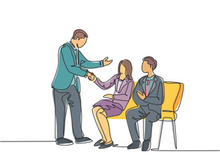 Fototapeta premium One line drawing of company manager meet and handshaking employee candidates while sitting on chair to take job interview. Modern continuous line draw design vector graphic illustration