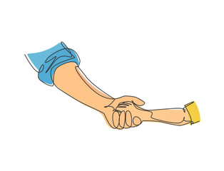 One line drawing of father giving hand to his child. Parenting mother care in continuous line drawing design style. Parental concept. Continuous line draw vector graphic illustration