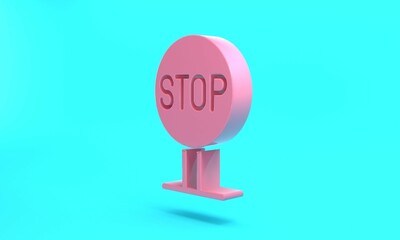 Pink Stop sign icon isolated on turquoise blue background. Traffic regulatory warning stop symbol. Minimalism concept. 3D render illustration